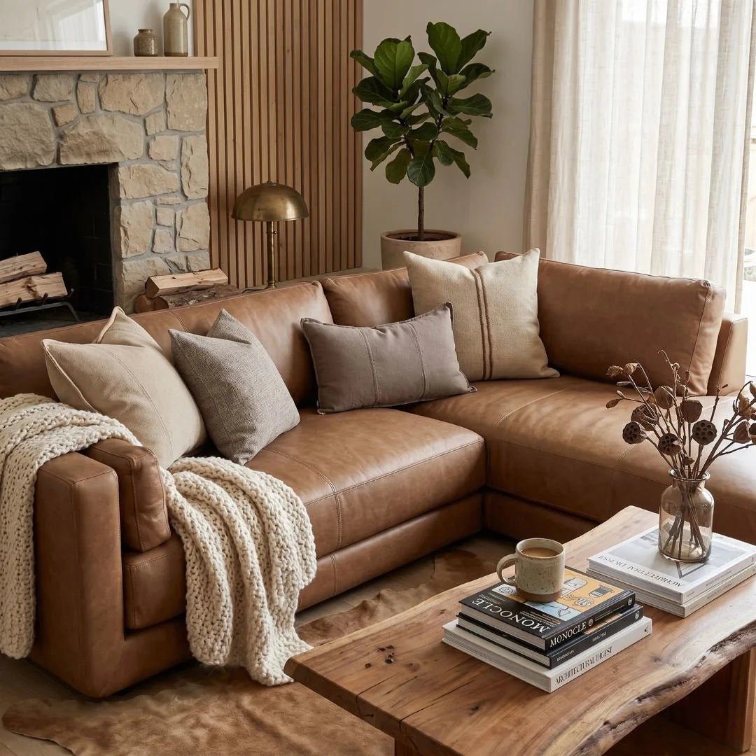 Cozy living room with brown sectional sofa, wooden coffee table, and decorative elements.