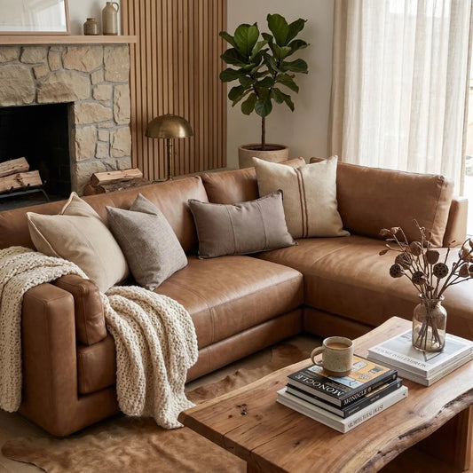 Cozy living room with brown sectional sofa, wooden coffee table, and decorative elements.