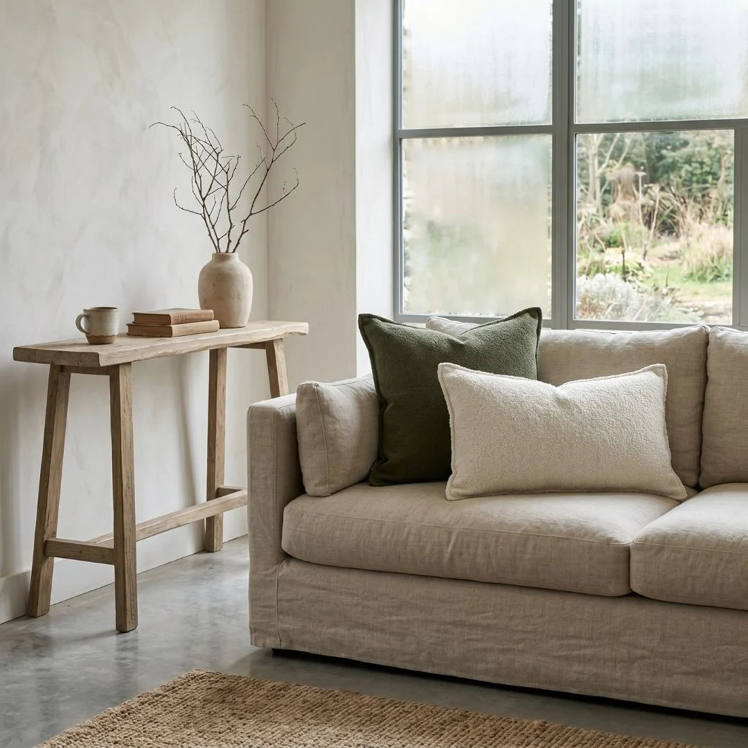 Beige sofa with green and white pillows in a room with a wooden side table and large window.