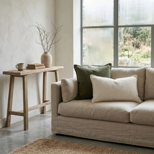 Beige sofa with green and white pillows in a room with a wooden side table and large window.