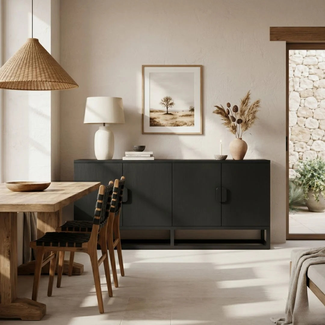 Modern interior with a black sideboard, wooden table, and chairs.