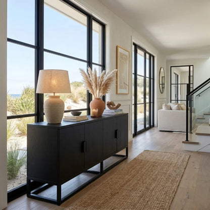 Modern living room with a black console table, lamp, and decor items.