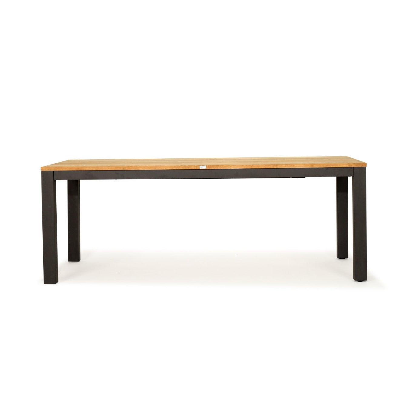 A rectangular table with a light natural wood top and a dark charcoal gray metal frame with four legs, shown against a plain white background.