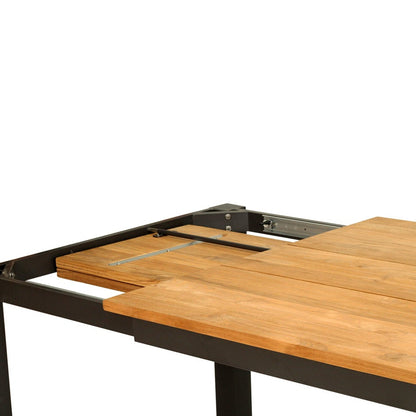 A close-up of a wooden table extension or tabletop component with a natural wood slatted top and a black metal frame, shown against a plain white background.