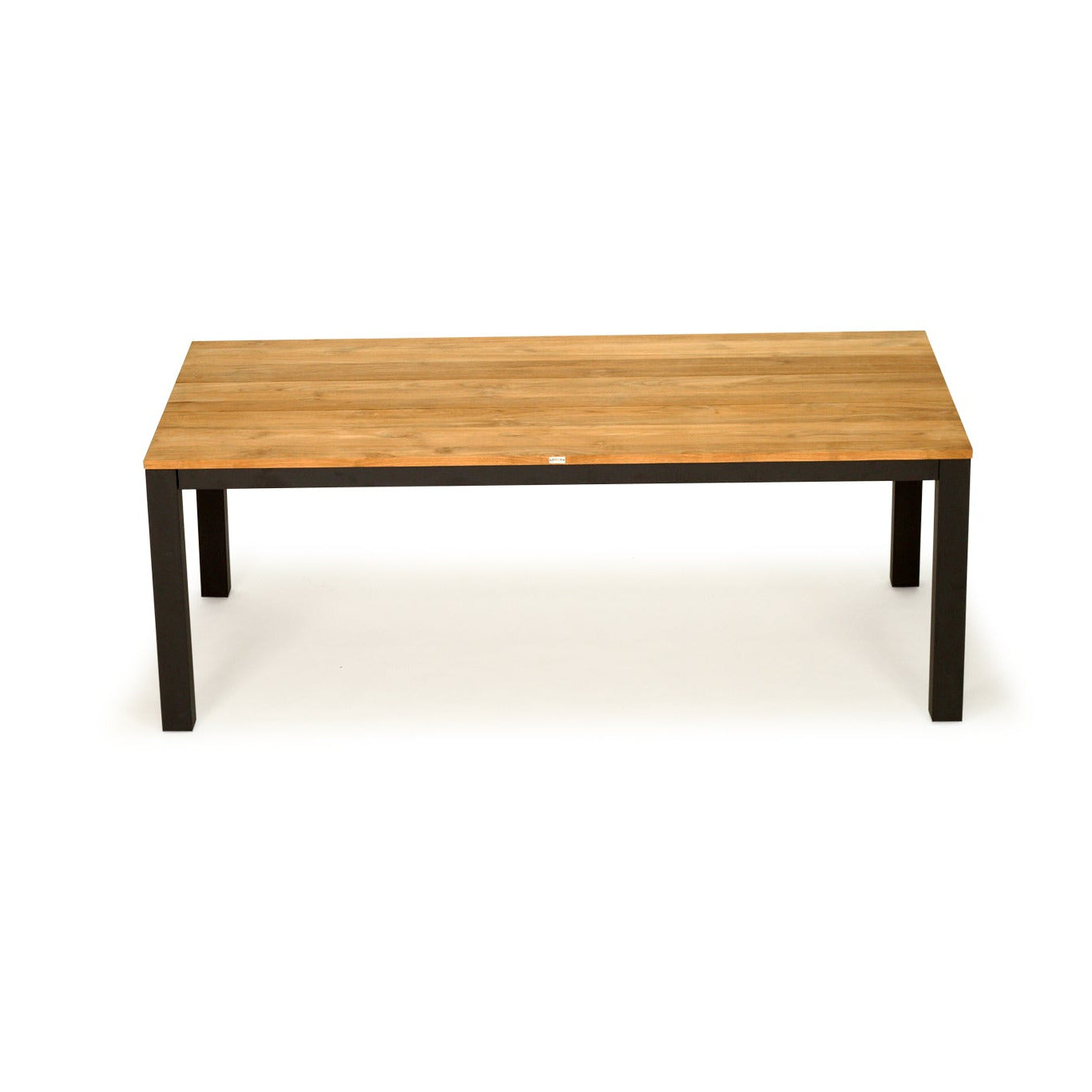 A rectangular coffee table with a light teak  top and a black metal frame with four legs, shown from a top-down perspective on a white background.