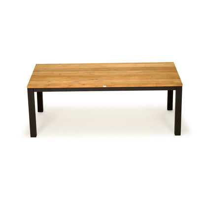 A rectangular coffee table with a light teak  top and a black metal frame with four legs, shown from a top-down perspective on a white background.