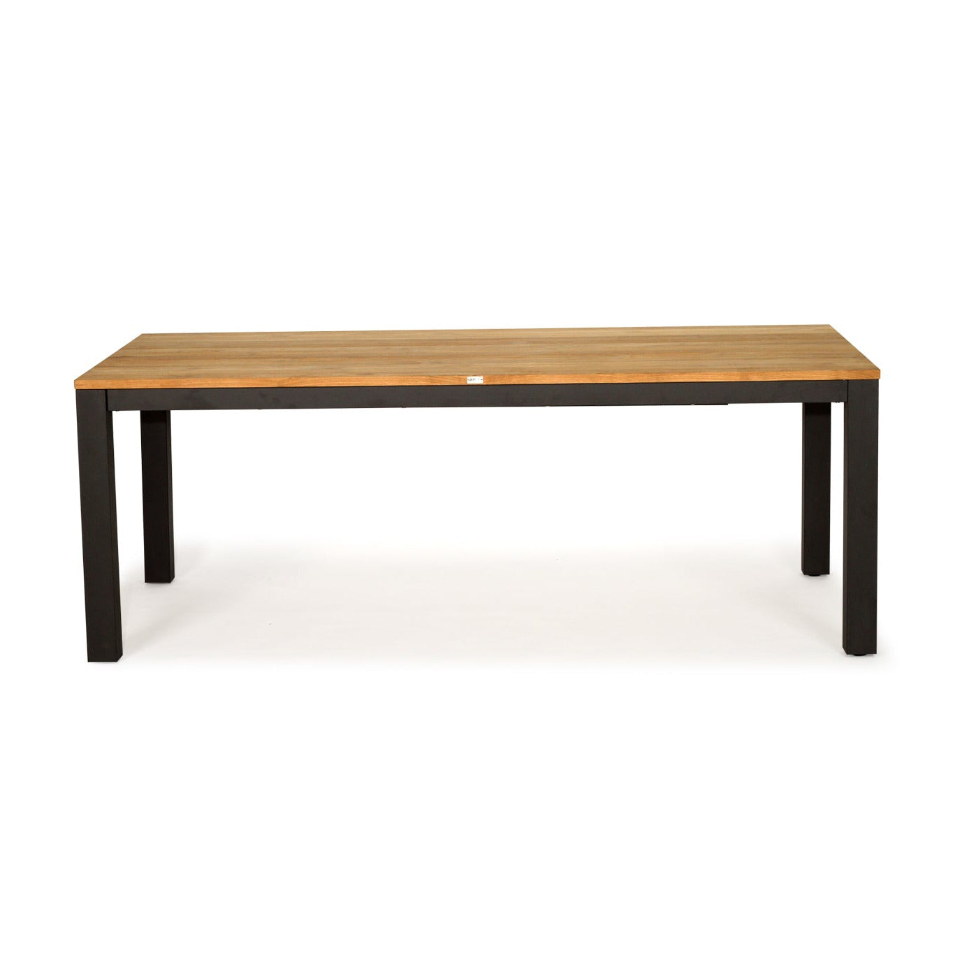 A rectangular wooden dining table with a light brown wood-grain top and a black metal frame with four legs, shown against a plain white background.