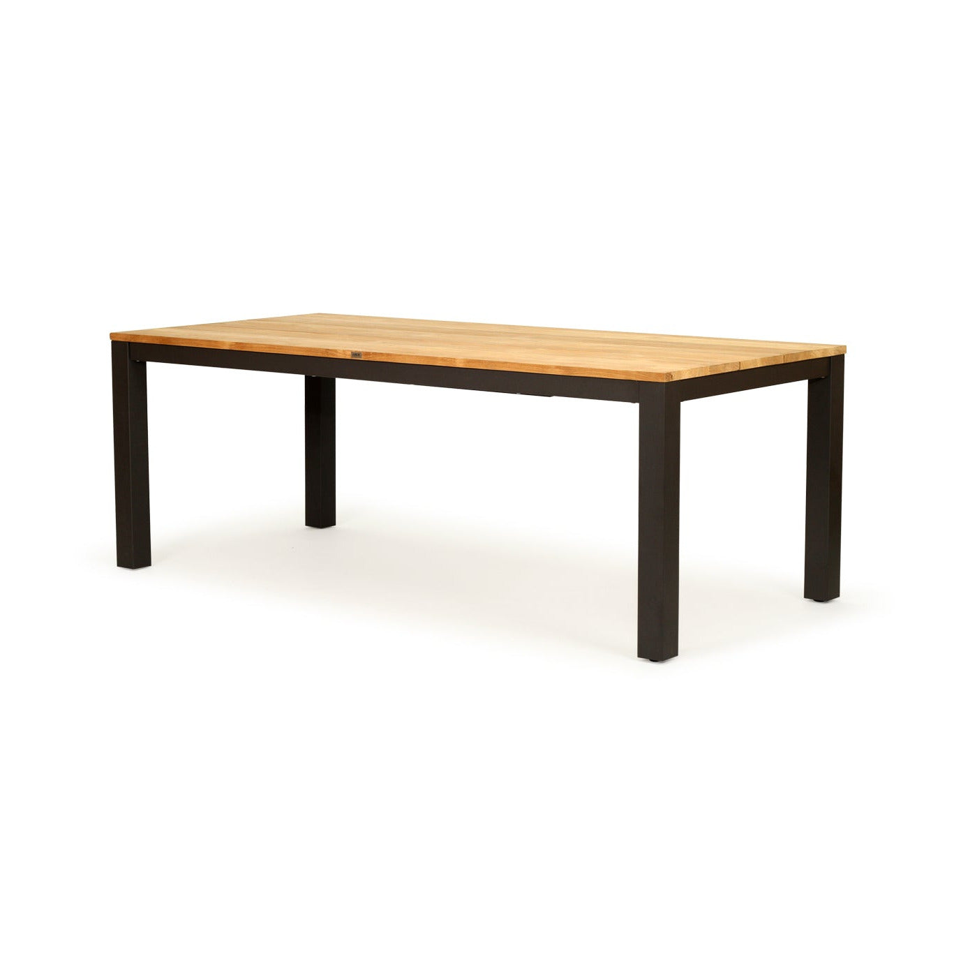 A rectangular outdoor dining table with a light natural wood top and a black metal frame, shown on a solid white background.