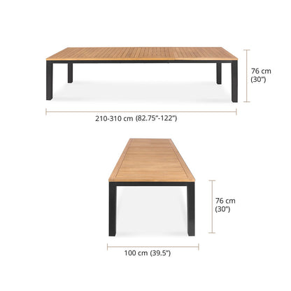 A table and bench dimension diagram on a white background, showing top-down and front views with measurements labeled 76 cm (30") height and 210-310 cm (82.75-122") length for the table, and 100 cm (39.