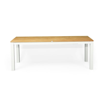 A modern rectangular table with a light natural wood top and a white metal frame, shown against a plain white background.