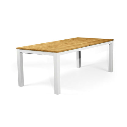 A rectangular dining table with a light natural wood top and a white metal frame, shown on a clean white background.