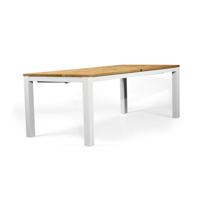 A rectangular outdoor dining table with a natural wood top and a white metal frame, shown on a clean white background.