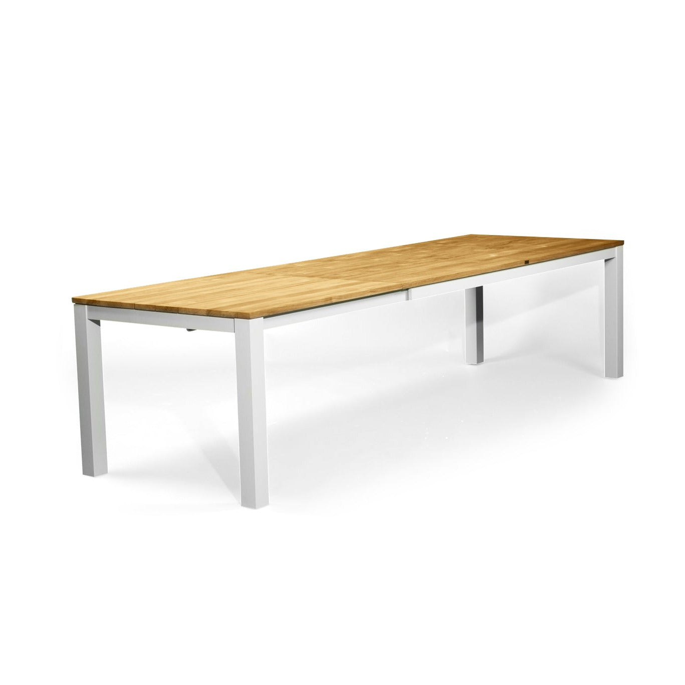 A modern rectangular table with a light natural wood top and a slim white metal frame, shown on a clean white background.