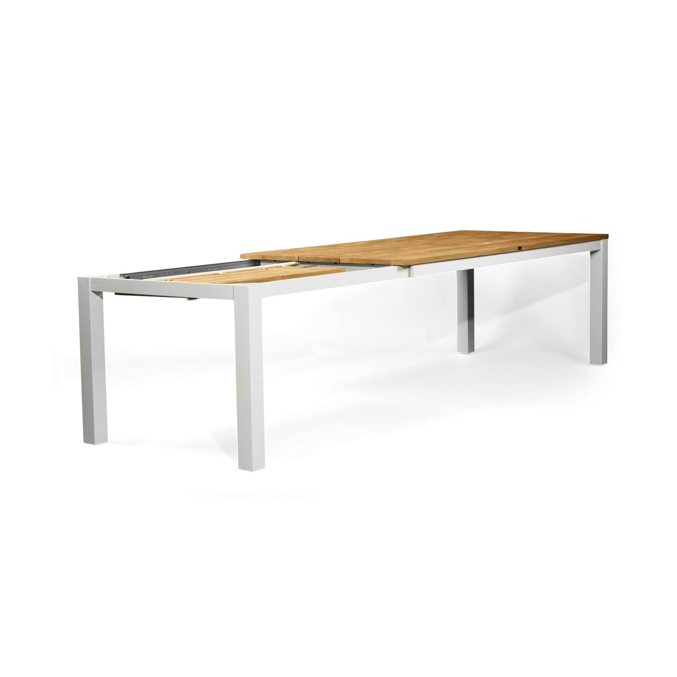 A modern rectangular outdoor dining table with a light brown wood-look top and a silver aluminum frame, shown on a solid white background.