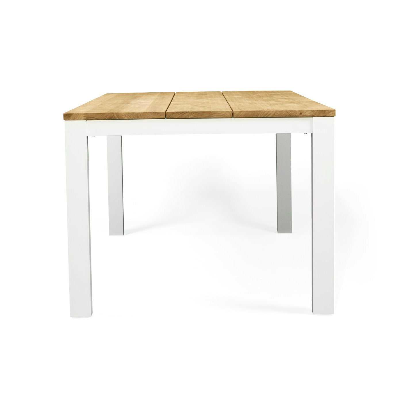 A modern rectangular table with a light natural wood top and a white frame, shown from a front angle on a white background.