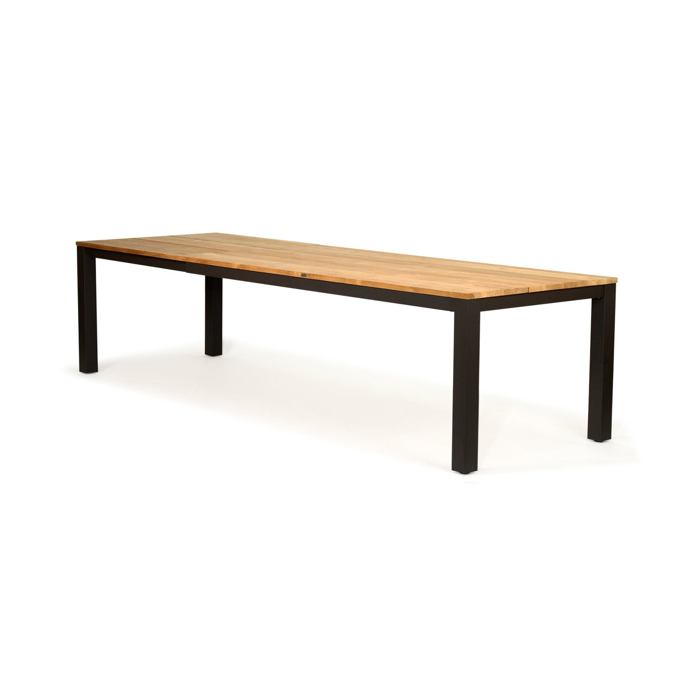 A rectangular wooden table with a light natural wood top and a black metal frame, shown on a plain white background.