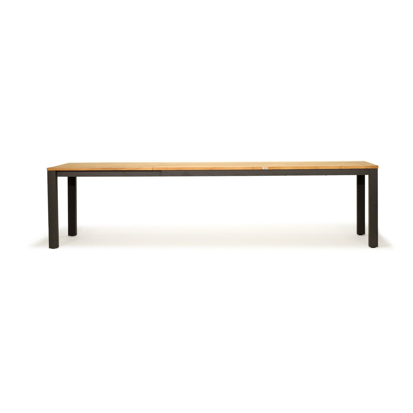 A long rectangular bench with a light natural wood top and dark metal legs, shown against a plain white background.