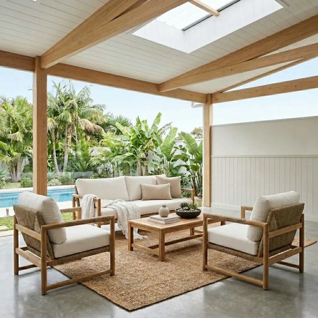 Outdoor patio with wooden furniture and a pool view