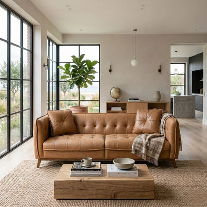 Modern living room with a brown leather sofa, wooden coffee table, and large windows.