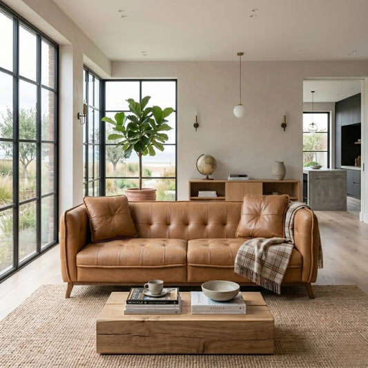 Modern living room with a brown leather sofa, wooden coffee table, and large windows.