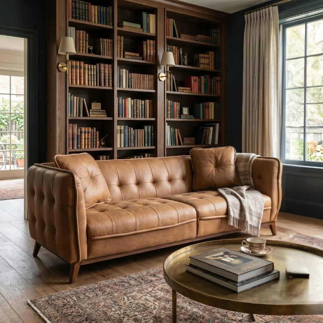 Brown leather sofa in a living room with bookshelves and a coffee table.