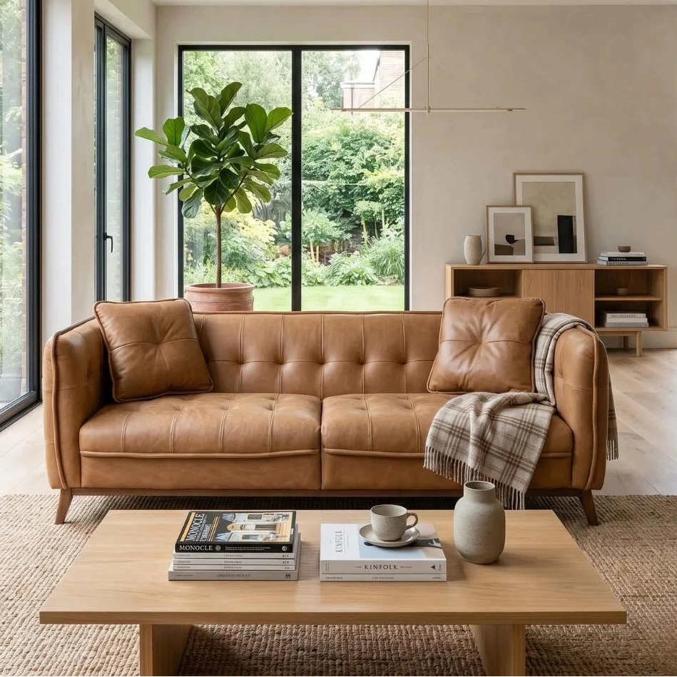 Modern living room with a brown leather sofa, wooden coffee table, and large windows.