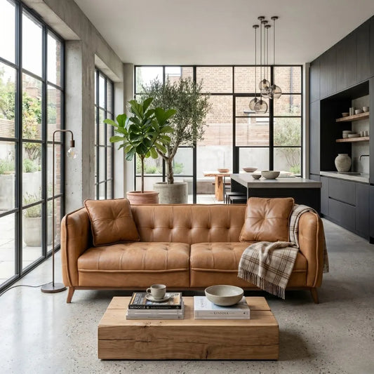 Modern living room with a brown leather sofa, wooden coffee table, and large windows.