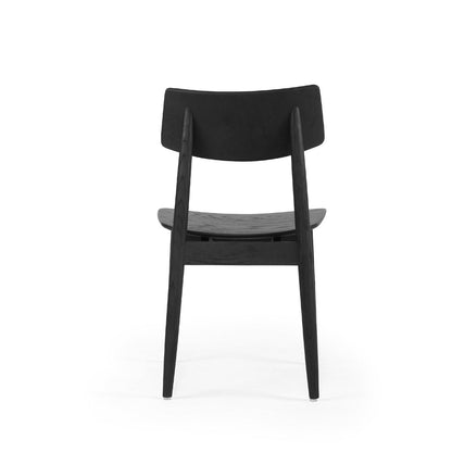 A modern black wooden dining chair shown from the back against a solid white background.