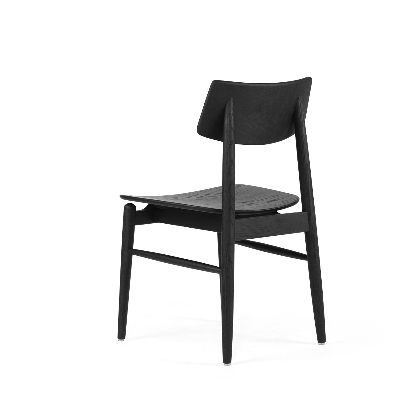 A modern black dining chair with a slatted seat and backrest, shown from a three-quarter angle on a solid white background.