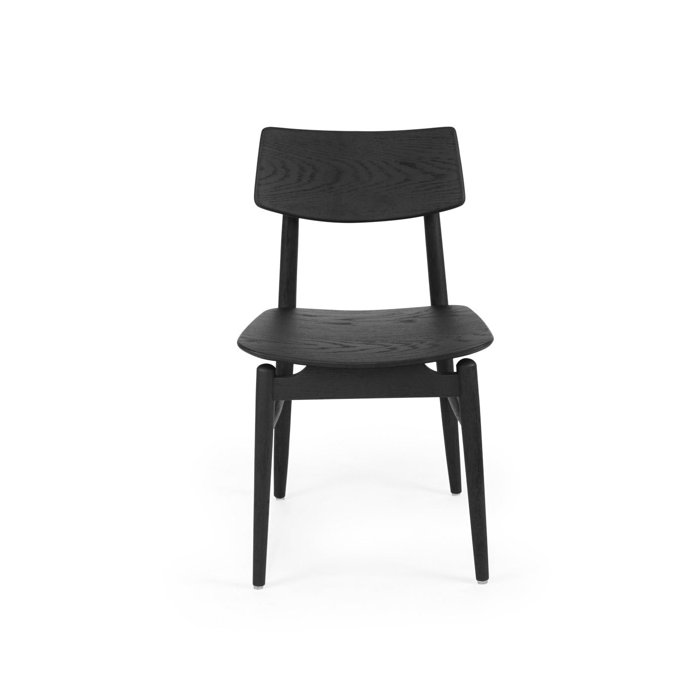 A modern black chair with a molded seat and backrest, shown from the front against a solid white background.