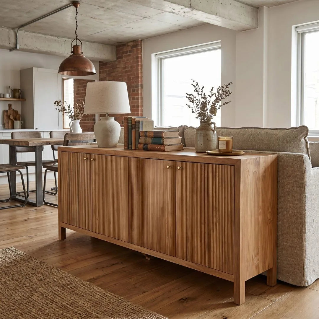 Wooden sideboard in a living room with a couch and table in the background