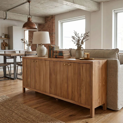 Wooden sideboard in a living room with a couch and table in the background