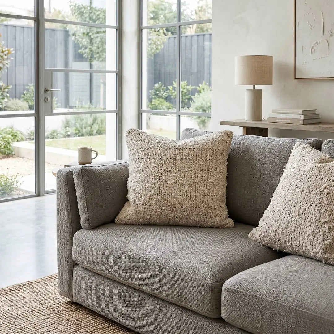 Gray sofa with textured pillows in a room with large windows and a garden view.