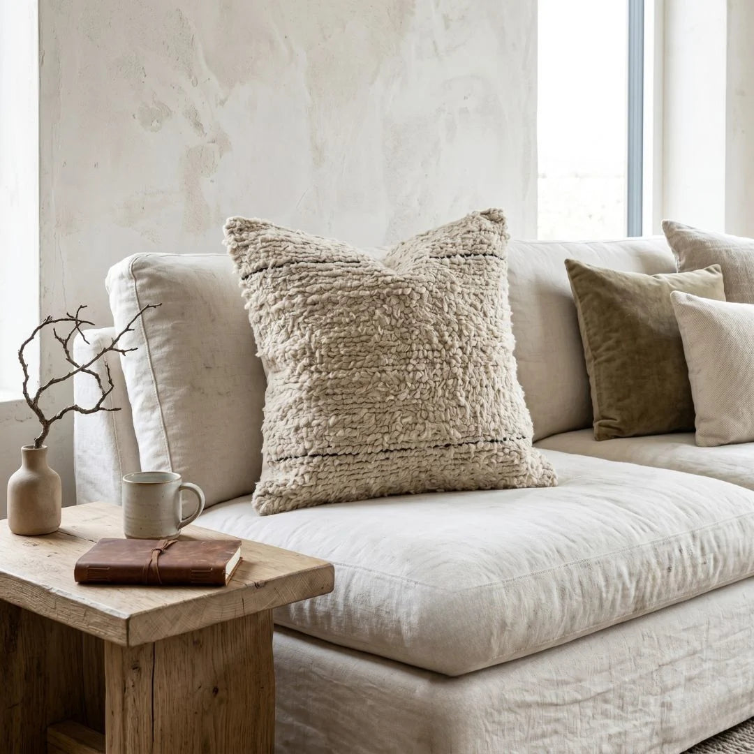Beige sofa with textured pillows and a wooden coffee table in a room with large windows.