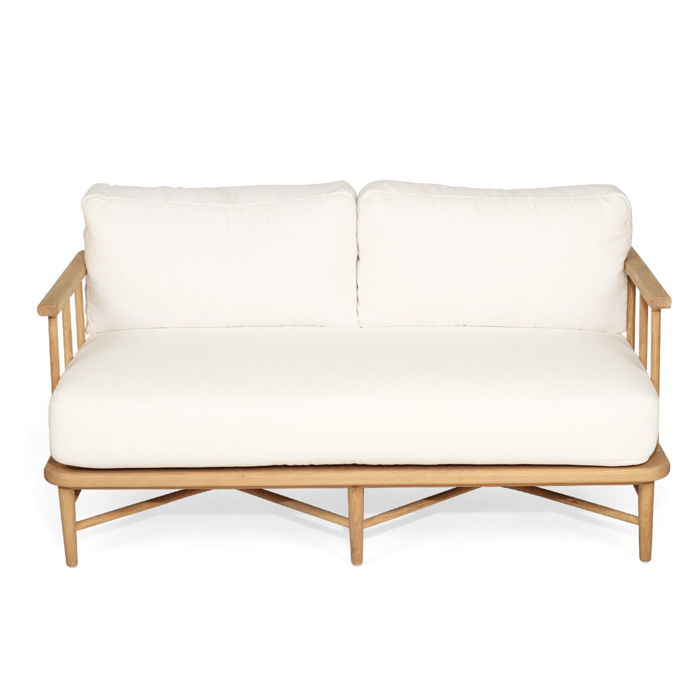 White cushioned sofa with wooden frame on a white background