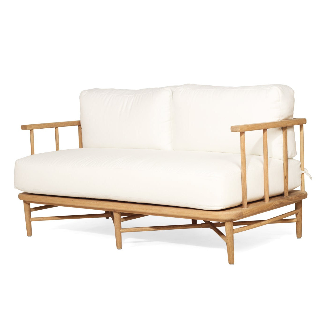 Wooden outdoor loveseat with white cushions on a white background