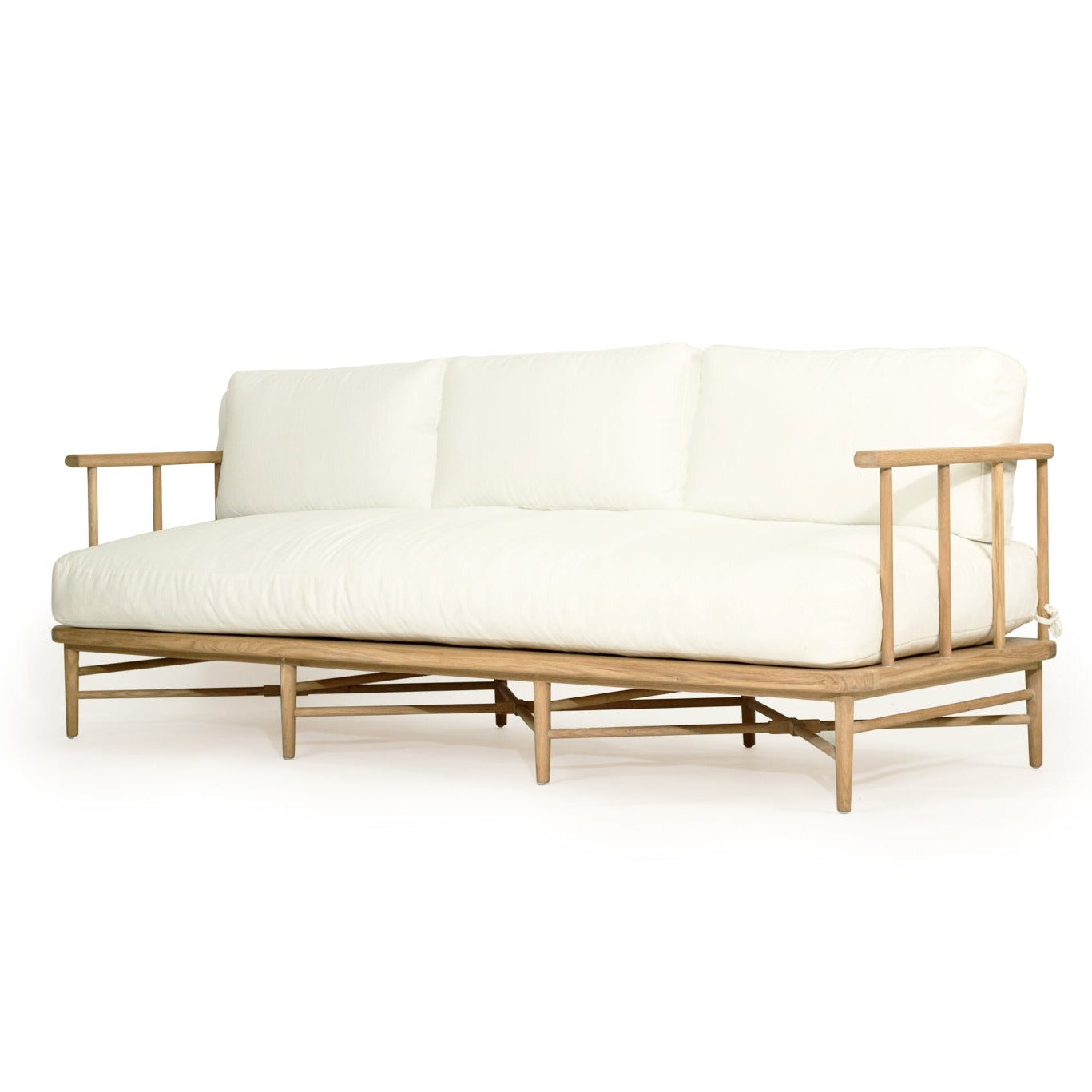 White cushioned sofa with wooden frame on a white background