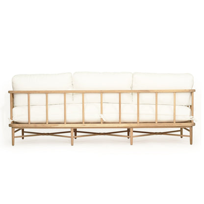 Wooden sofa with white cushions on a white background