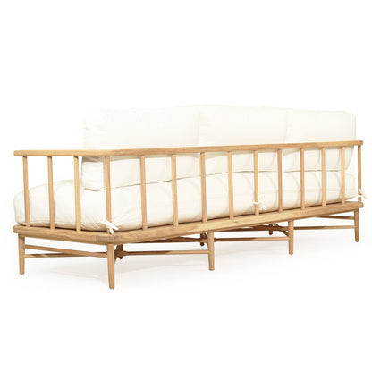 Wooden sofa with white cushions on a white background