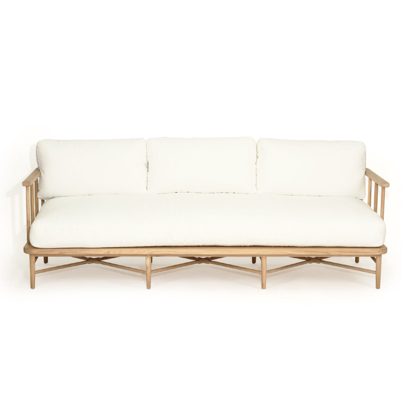 White sofa with a wooden frame on a white background