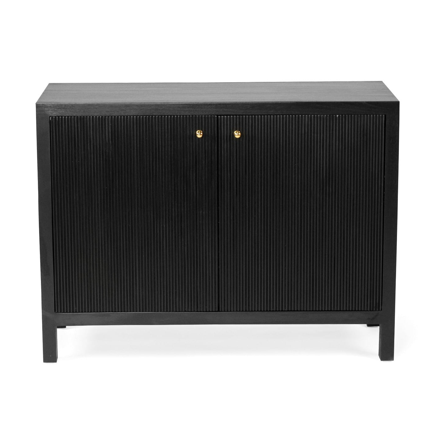 Sun Republic Matte Black sideboard with gold handles on a white background