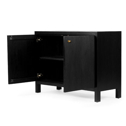 Black cabinet with open doors on a white background