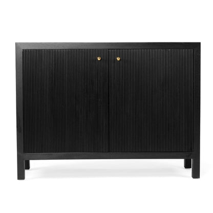 Sun Republic Matte Black sideboard with gold handles on a white background