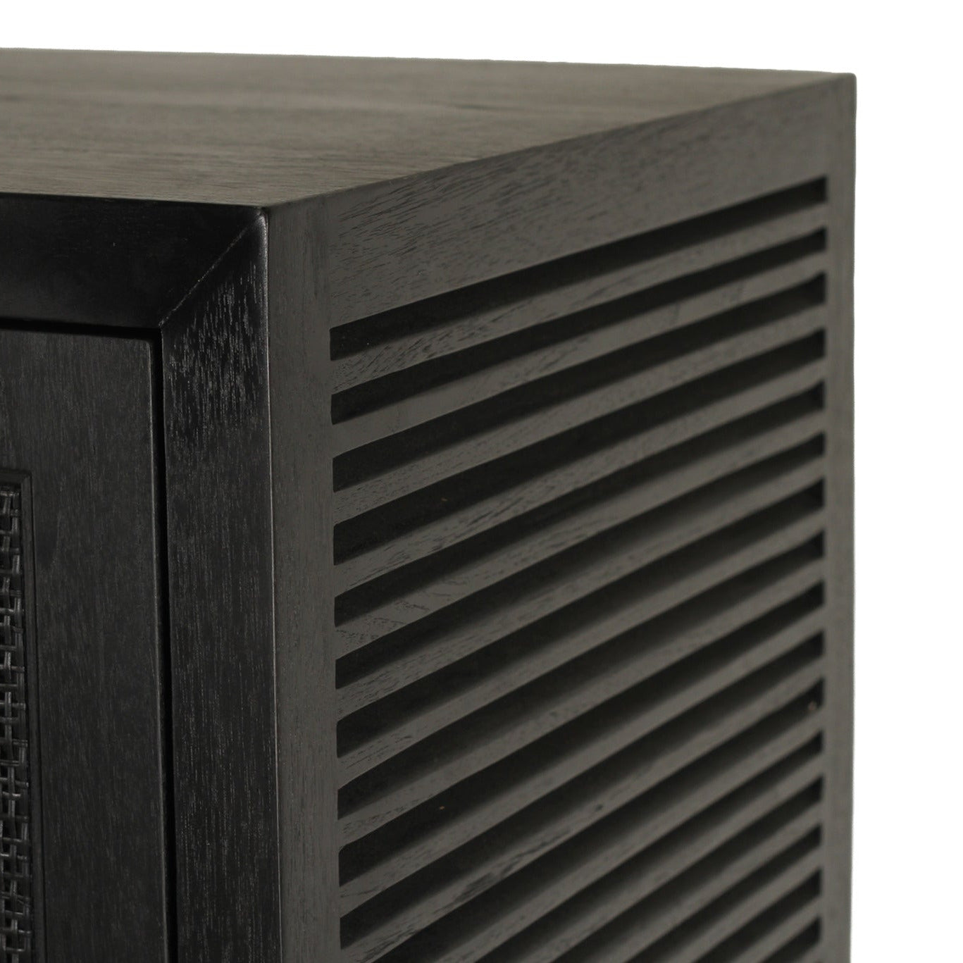 Close-up of a black wooden cabinet corner showing a slatted side panel and a dark mesh front door against a white background.