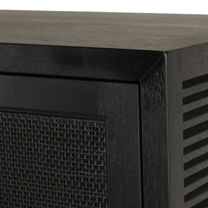 Close-up of a black wooden cabinet corner showing a slatted side panel and a dark mesh front door against a white background.
