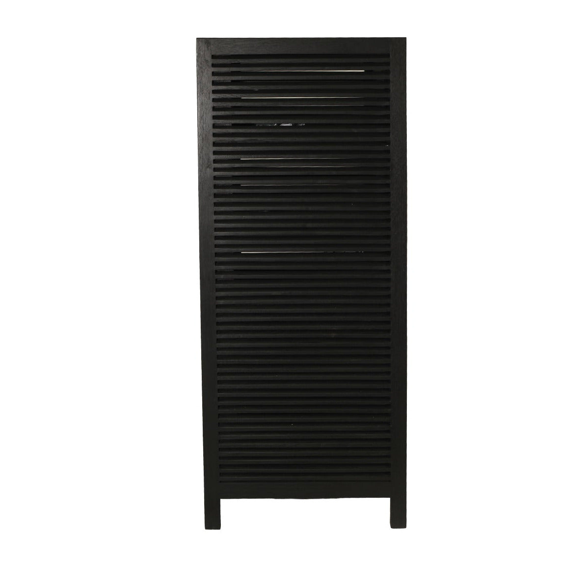 A tall, narrow black cabinet or storage unit with a slatted front, shown against a plain white background.