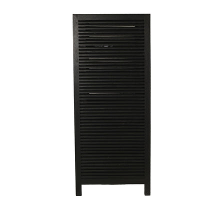 A tall, narrow black cabinet or storage unit with a slatted front, shown against a plain white background.