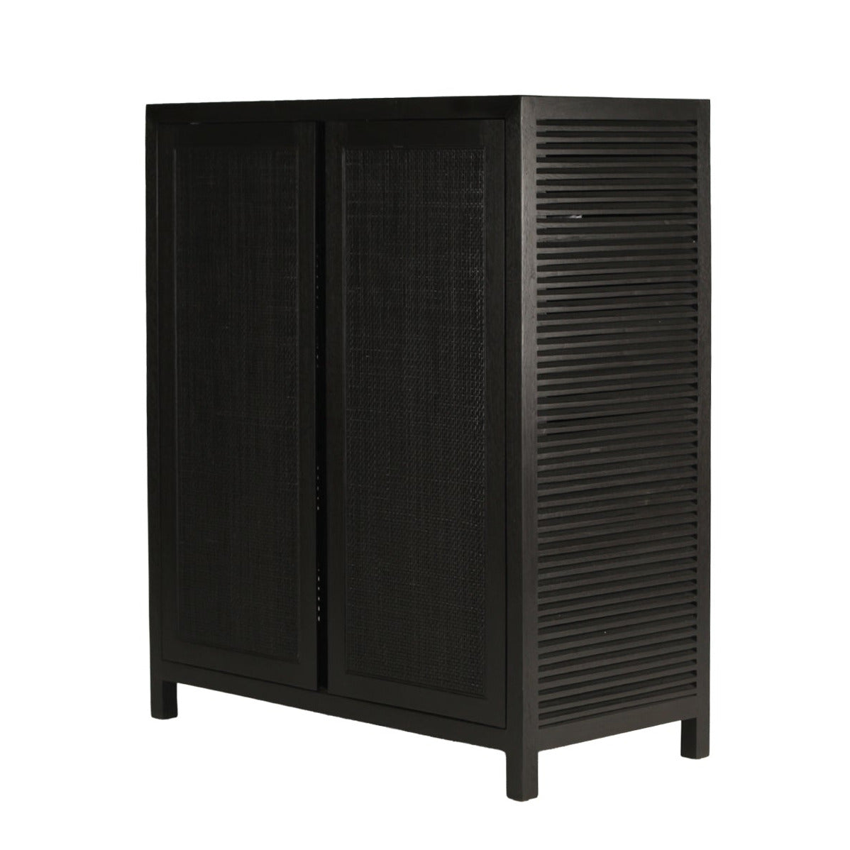 A tall black storage cabinet with two front doors featuring a textured woven pattern and a slatted side panel, shown on a plain white background.