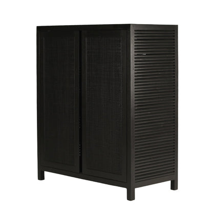 A tall black storage cabinet with two front doors featuring a textured woven pattern and a slatted side panel, shown on a plain white background.