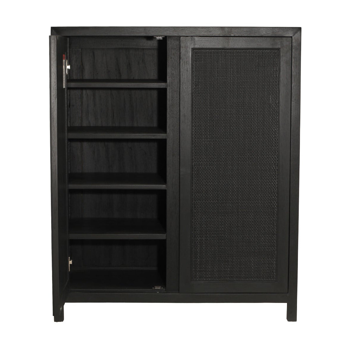 A black wooden cabinet with one open door showing four interior shelves and one textured sliding door, set against a plain white background.